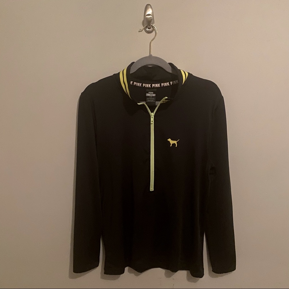 VS PINK Ultimate black and green half- zip pullover | Size Large